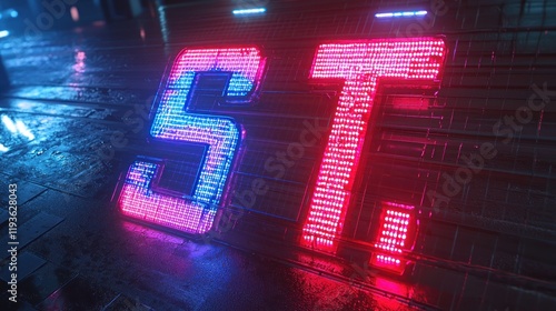 Glowing neon number 57 on futuristic surface. photo