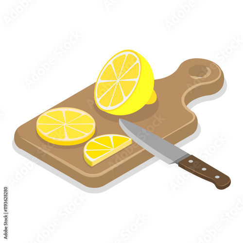 3D Isometric Flat Vector Set of Cooking Food Process, Meat, Fish, Vegetable Chopping Slices on a Board. Item 3