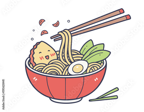 cute cartoon bowl of ramen with chopsticks, featuring noodles, egg, vegetables, and a smiling dumpling. perfect for food-related content or asian cuisine themes.