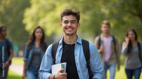 a person walking outdoors on a campus-like setting. The person is wearing a light blue shirt over a dark t-shirt and carrying a backpack.