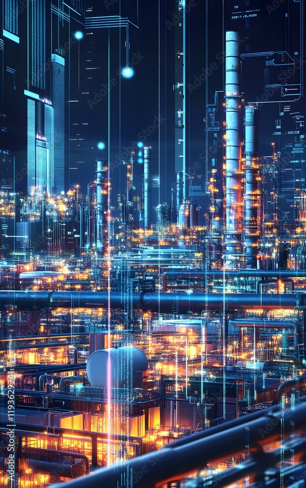 A visual representation of energy infrastructure with gas pipelines, storage tanks, and stock price boards, combined with futuristic power plants