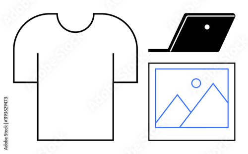 Casual t-shirt, open laptop, mountain photography picture. Ideal for lifestyle, fashion, technology, work from home, creativity art travel. Minimalist design with abstract line flat metaphor