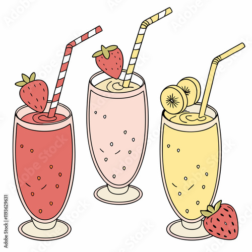 Simple fruit smoothies with straw and fruit garnishes