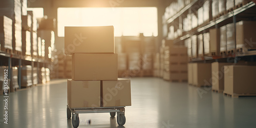 Boxes on a handcart in a warehouse. Sunlight streams in from a large window, illuminating the scene. photo