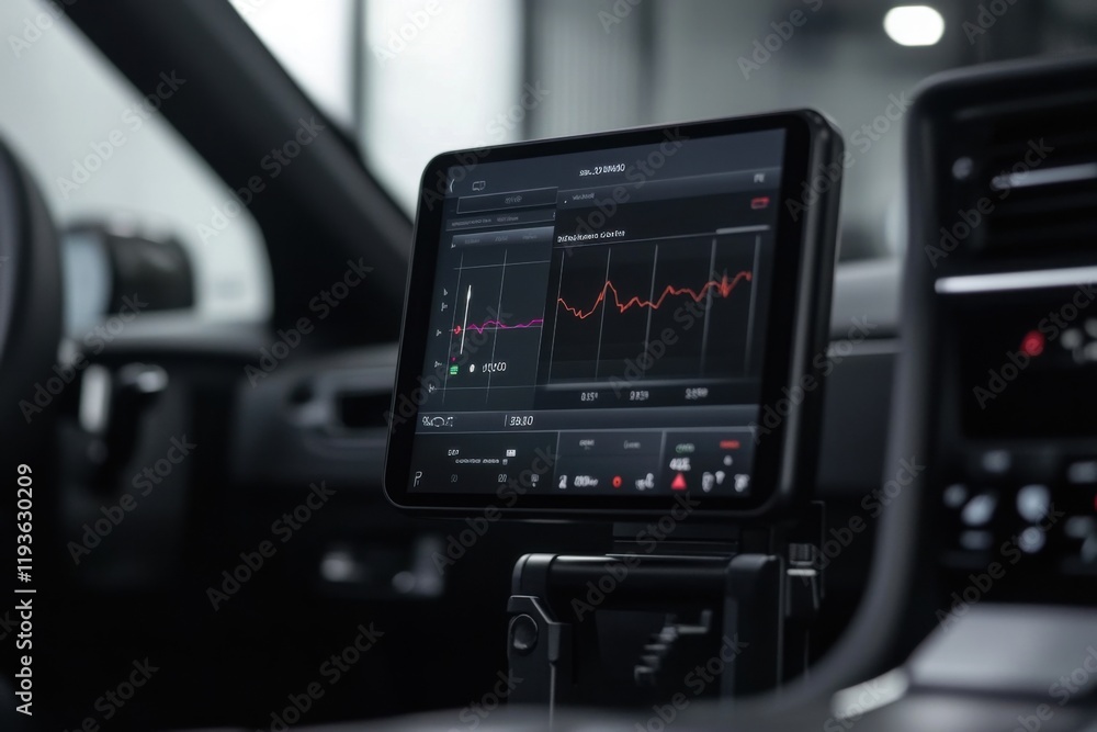 Detailed dashboard display with graphs and indicators in a modern vehicle during a nighttime drive Detailed dashboard display with graphs and indicators in a modern vehicle during a nighttime drive