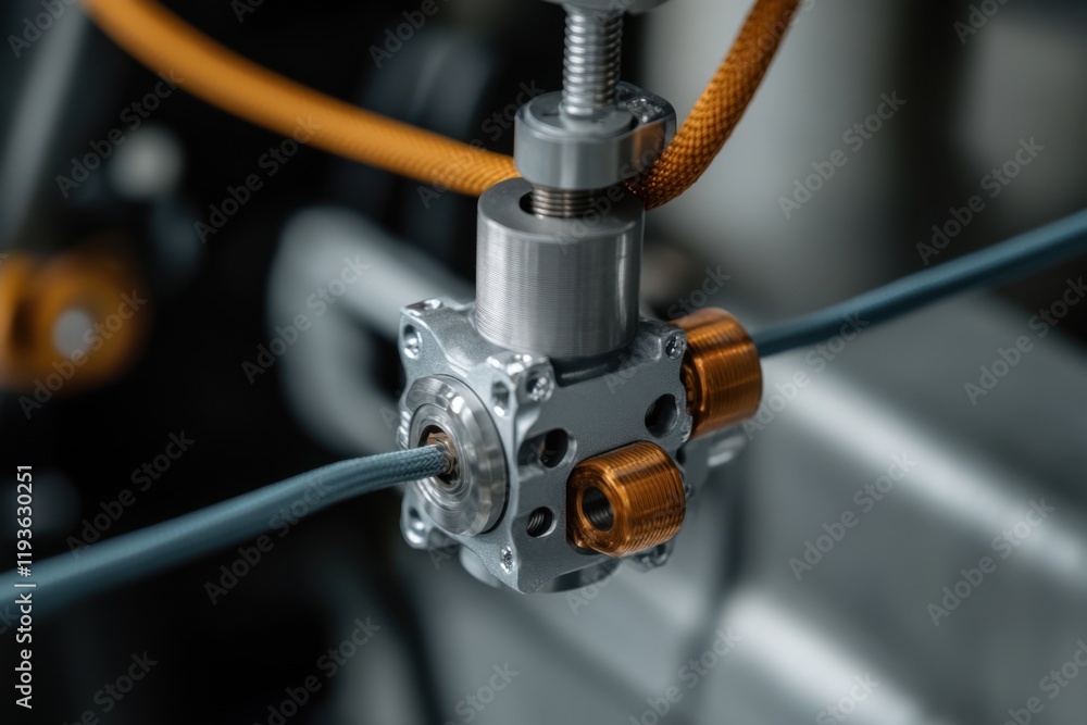 Obraz premium Installation of brake cable with precision components in automotive assembly workshop