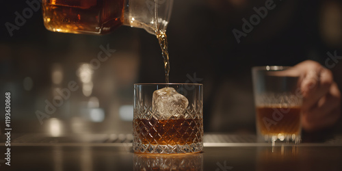 Amber liquid pours into a rocks glass filled with ice.  The scene is dimly lit, suggestive of a bar or lounge setting. photo