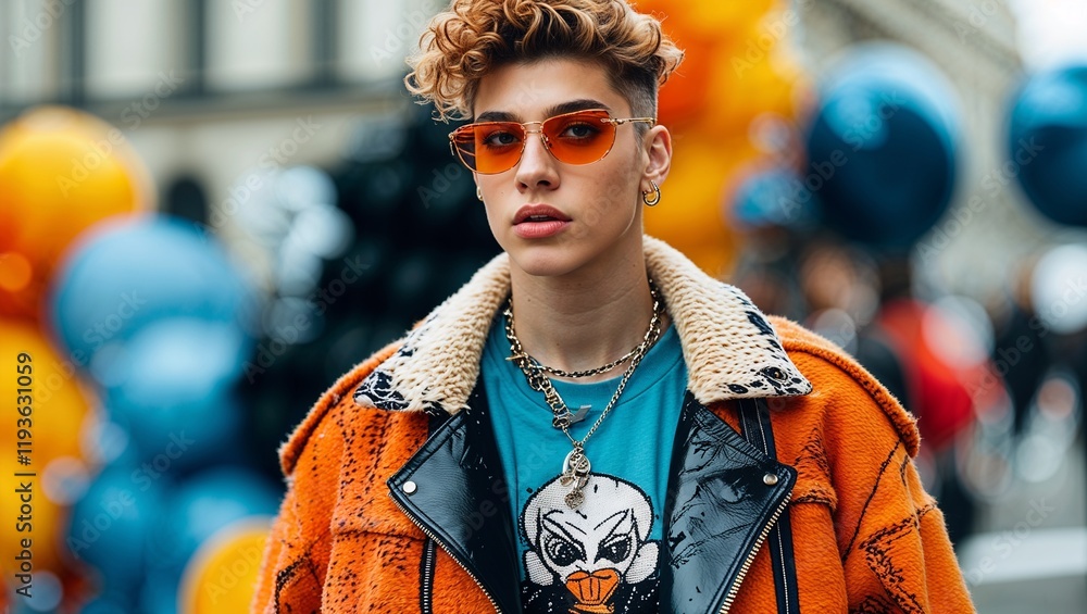 A stylish Gen Z person with a mix of edgy and playful fashion elements, including leather jackets and graphic tees. A stylish Gen Z person with a mix of edgy and playful fashion elements, including leather jackets and graphic tees.