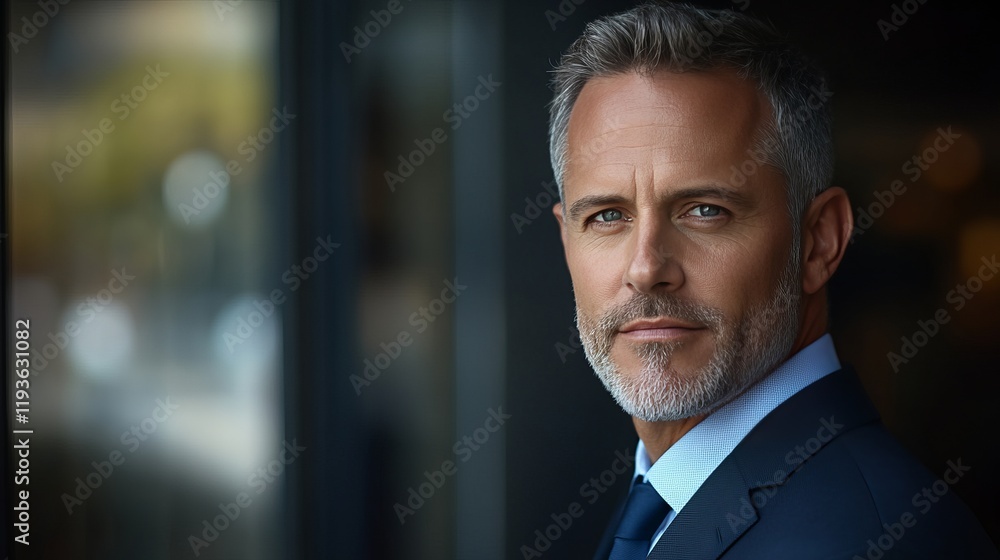 Fototapeta premium Portrait of a Mature Businessman in Suit, Confident Professional with Executive Appearance, Close-up Shot in Modern Office Environment