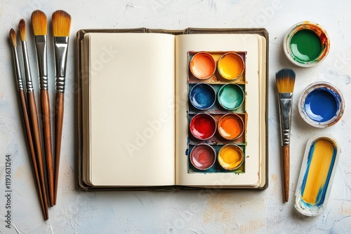 Minimalist flat lay of an artist's creative process photo