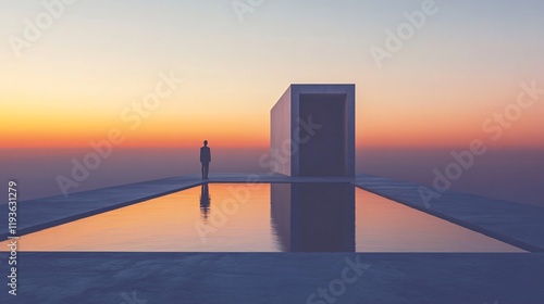 A lone figure stands by a reflective pool, capturing the essence of minimalism against a vibrant sunset backdrop, highlighting the beauty of solitude and serenity. photo