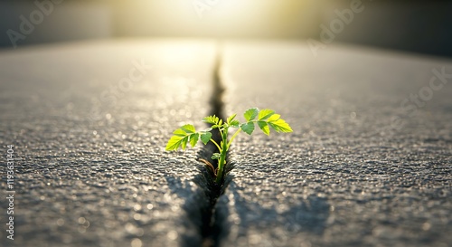 Tiny sprout bursts through concrete crack.  Nature's vibrant hope and resilience. Sunlight. photo