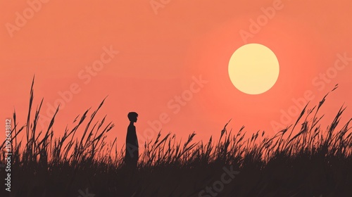 A silhouette stands amidst tall grasses at sunset, captured in vivid orange hues, evoking introspection and tranquility in the natural, expansive space. photo