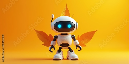 A cheerful robot character with glowing blue eyes and autumn leaves backdrop, perfect for tech and innovation themes in marketing. photo