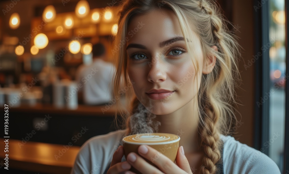 Young woman enjoying coffee with latte art Young woman enjoying coffee with latte art