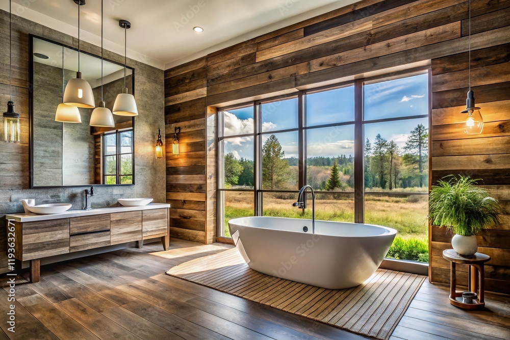 Fototapeta premium Modern Bathroom Design with Rustic Barn Wood Accents: Stock Photo