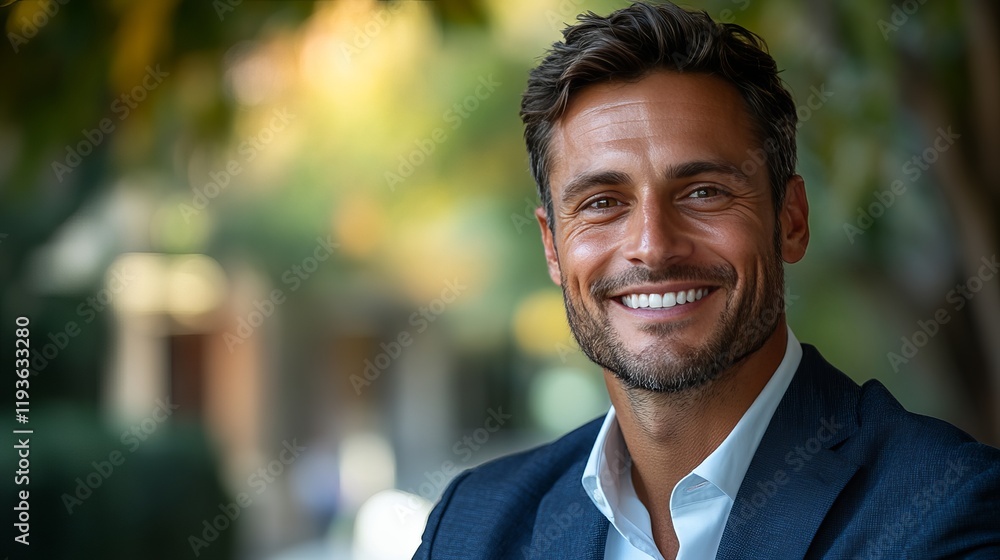 Smiling Businessman Portrait Outdoors in a Natural Environment, Confident and Professional Attire with Clear Blue Sky in Background Smiling Businessman Portrait Outdoors in a Natural Environment, Confident and Professional Attire with Clear Blue Sky in Background