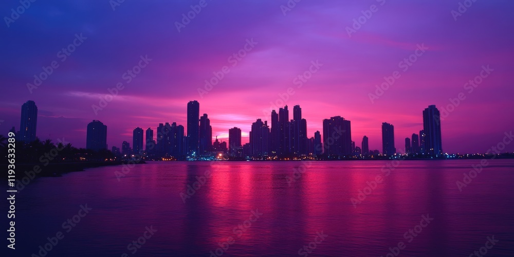 Obraz premium Vibrant Sunset Skyline of Panama City: A Panoramic View of High-Rise Skyscrapers and Bustling Traffic in Central America
