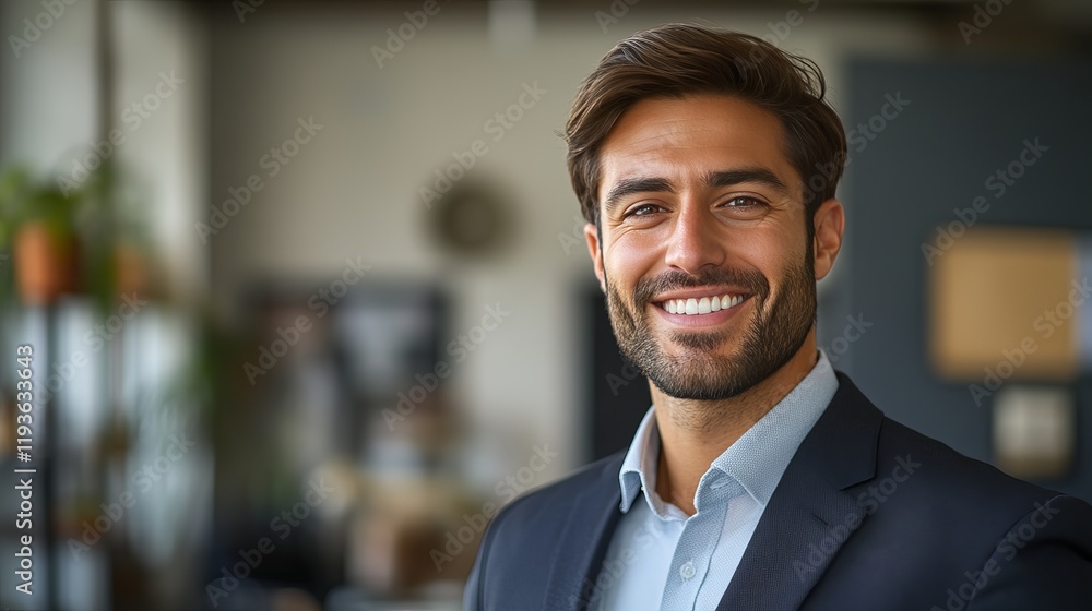 Portrait of a confident and smiling businessman in a modern office setting, wearing a suit and standing with arms crossed, representing success and professionalism Portrait of a confident and smiling businessman in a modern office setting, wearing a suit and standing with arms crossed, representing success and professionalism
