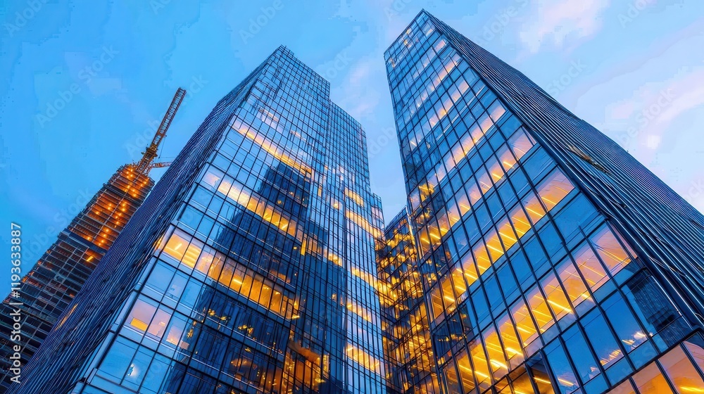 Fototapeta premium A stunning view of modern skyscrapers with reflective glass facades and warm lights, set against a blue sky.