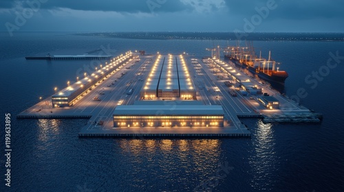 Aerial view of a harbor illuminated at night, showcasing docks and ships on calm waters, creating a serene and industrial ambiance. photo