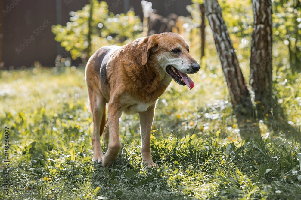 A stray animal. An old sad, abandoned, hungry dog is walking on the street. Shelter, rescue, charitable assistance, donations for homeless animals. A stray animal. An old sad, abandoned, hungry dog is walking on the street. Shelter, rescue, charitable assistance, donations for homeless animals.