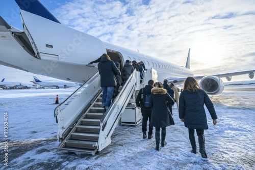 Passengers Boarding Aircraft on a Cold Winter Morning at an Airport with Snow and Clouds in the Background, Highlighting a Busy Travel Experience photo