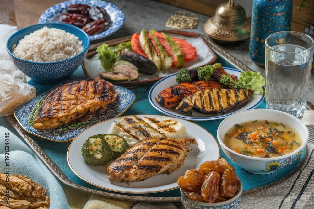 Grilled Chicken and Vegetable Platter with Rice and Soup Grilled Chicken and Vegetable Platter with Rice and Soup