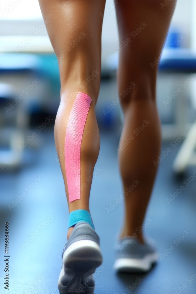 Athlete walking showing kinesio tape applied on calf in physiotherapy clinic Athlete walking showing kinesio tape applied on calf in physiotherapy clinic