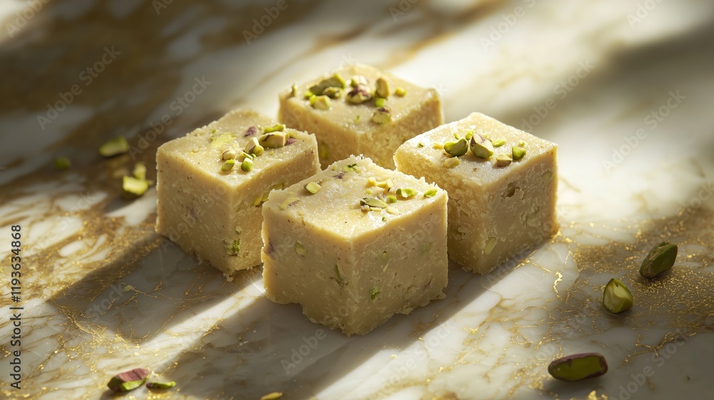 Halva Cubes Lightly Dusted with Crushed Pistachios on a Smooth Marble Surface with Subtle Veins, Illuminated by a Soft Golden Glow and Arranged for a Sophisticated Presentation Halva Cubes Lightly Dusted with Crushed Pistachios on a Smooth Marble Surface with Subtle Veins, Illuminated by a Soft Golden Glow and Arranged for a Sophisticated Presentation
