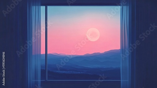 A breathtaking image capturing the pink hues of a sunset framed by a window, overlooking layered mountain ranges that extend to the sky, evoking serenity and awe. photo