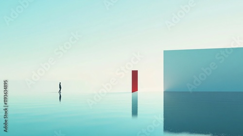 A captivating image showing a lone figure approaching a striking red door standing amidst an endless reflective surface, inviting contemplation and discovery. photo