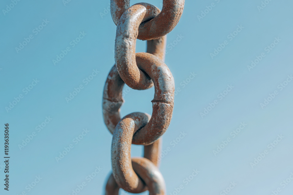 Chains connect different elements in a clear blue sky, showcasing strength and resilience in their design and craftsmanship Chains connect different elements in a clear blue sky, showcasing strength and resilience in their design and craftsmanship