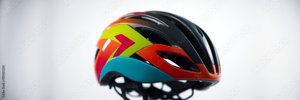 Fototapeta premium Colorful cycling helmet showcasing modern design and sleek aesthetics on a display stand