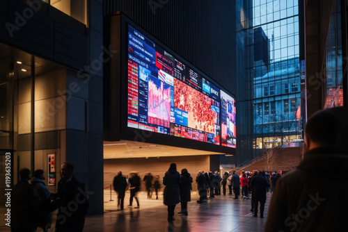 Financial news screens illuminate gathering crowd in urban setting during early evening hours photo