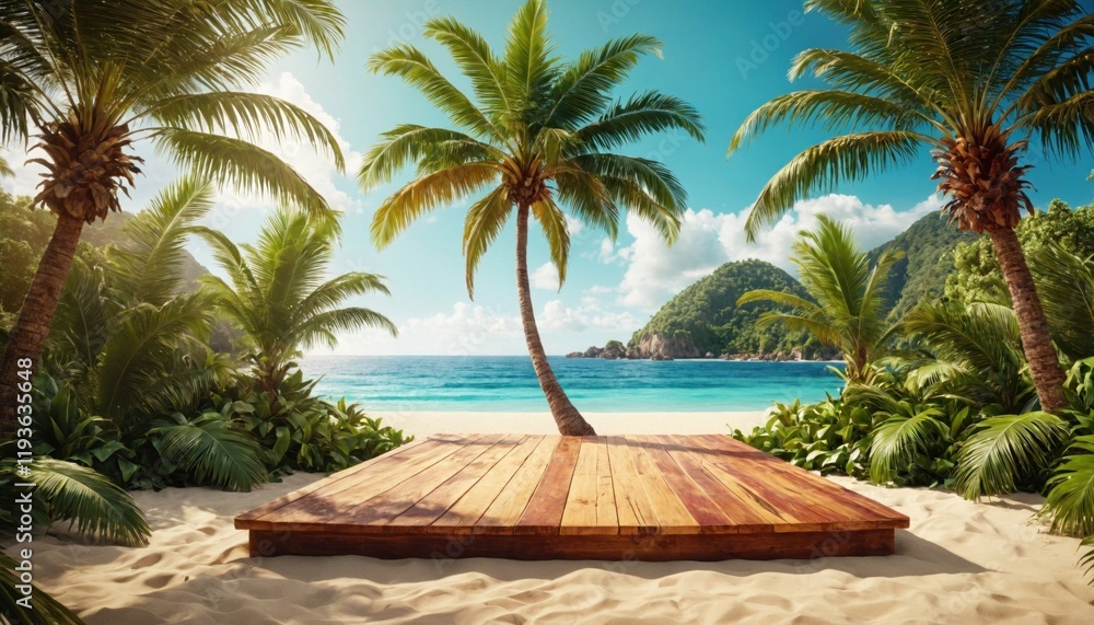 Fototapeta premium 3D Tropical product placement podium stage with summer beach palm tree