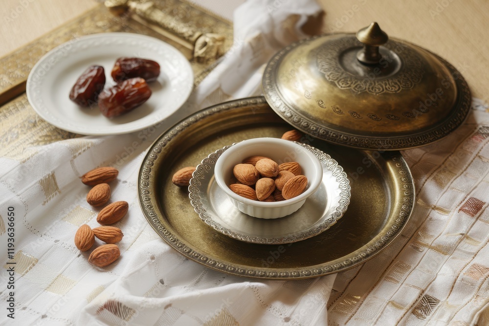 Fototapeta premium Almonds Dates and Ornate Metal Trays on Fabric