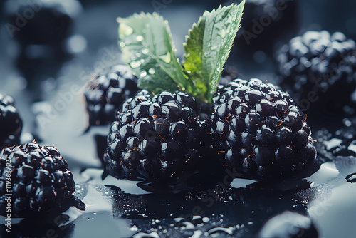 Washed blackberries with water droplets on a dark slate surface close up photograph photo