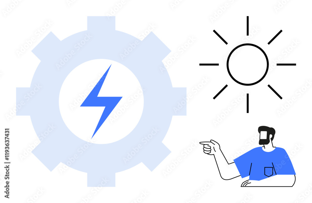 Gear with lightning bolt, sun with rays, and pointing man in blue shirt. Ideal for renewable energy, solar power, technology advancement, innovation, sustainable development, energy conservation Gear with lightning bolt, sun with rays, and pointing man in blue shirt. Ideal for renewable energy, solar power, technology advancement, innovation, sustainable development, energy conservation