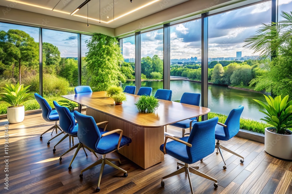 Fototapeta premium Modern Meeting Room River View, Blue Chairs, Wooden Table, Plants - Stock Photo