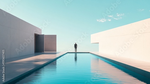 A solitary figure stands at the edge of an elongated reflecting pool flanked by minimalist architecture, evoking themes of self-reflection and serenity. photo