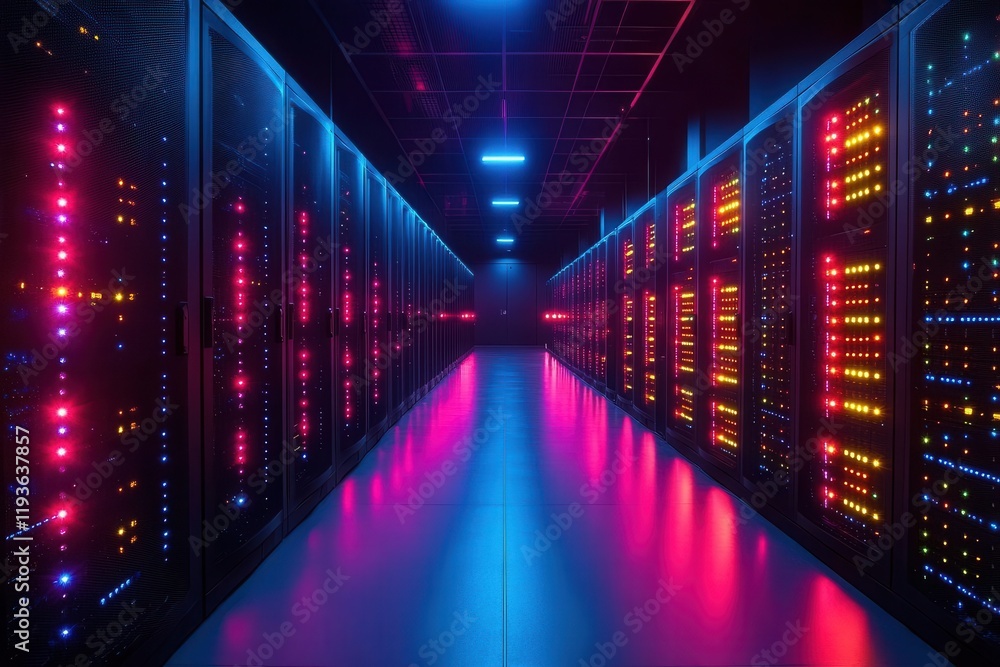 rows of sleek metallic network servers flash with vibrant led lights casting a futuristic glow in a dimly lit room symbolizing the heartbeat of technology and data management rows of sleek metallic network servers flash with vibrant led lights casting a futuristic glow in a dimly lit room symbolizing the heartbeat of technology and data management