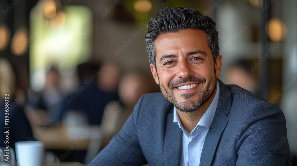 Fototapeta premium Portrait of a Smiling Businessman with Dark Hair and Stubble, Wearing Blue Suit Jacket and White Shirt in Modern Office Setting with Blurred Background