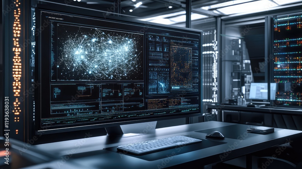 Quantum computer visualization, showing complex quantum circuits, entangled qubits, and dynamic data flows in a sleek digital workspace Quantum computer visualization, showing complex quantum circuits, entangled qubits, and dynamic data flows in a sleek digital workspace