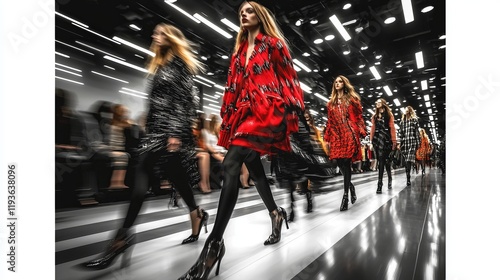 Fashion show runway models walking.