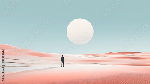 A lone person stands in a vast desert landscape with a huge sun dominating the scene, evoking themes of solitude, endurance, and contemplation against nature. photo