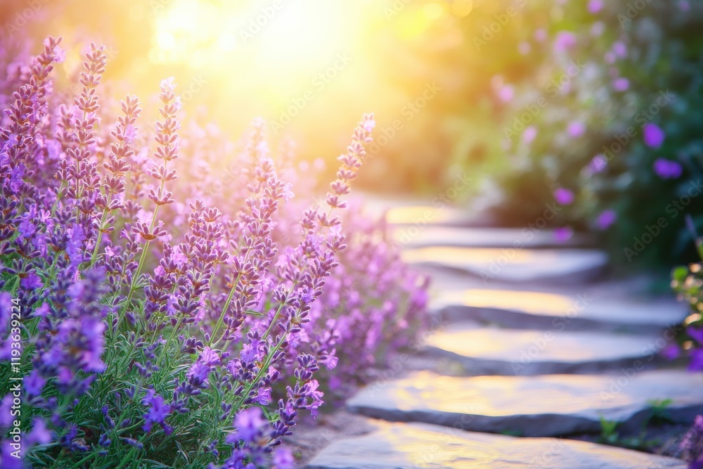 Obraz premium Serene Lavender Pathway at Sunset Bathed in Golden Light, Inviting Nature Walk Through a Vibrant Garden of Blooming Flowers and Lush Greenery