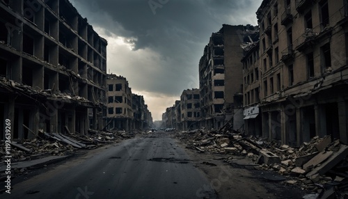 Fototapeta Naklejka Na Ścianę i Meble -  A wide street in the middle of destroyed buildings, under dark clouds. In an urban war scene