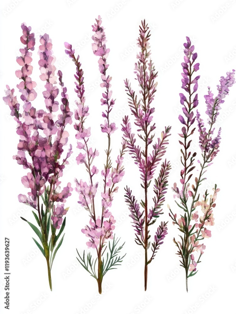Naklejka premium Collection of Five Pink Blooming Heather Sprigs with Purple Blossoms - A Close-up Showcase of Nature's Vibrant Colors