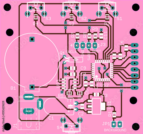 Vector printed circuit board of electronic device with components of radio elements, conductors and contact pads placed on pcb. Engineering technical educational drawing. Computer technic cad design.